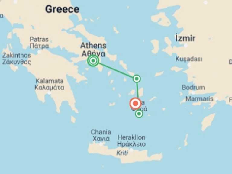Map of Europe Tour with 4 destination visits for the trip: Athens+3 Island Explorer