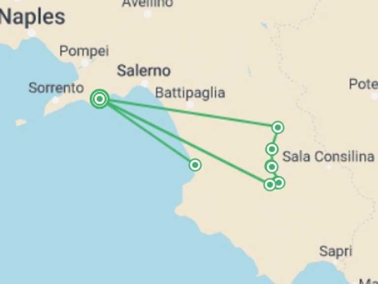 Map itinerary of Italy Tour in August 2027 with 5 destination visits for the trip: The Heart of the Cilento National Park