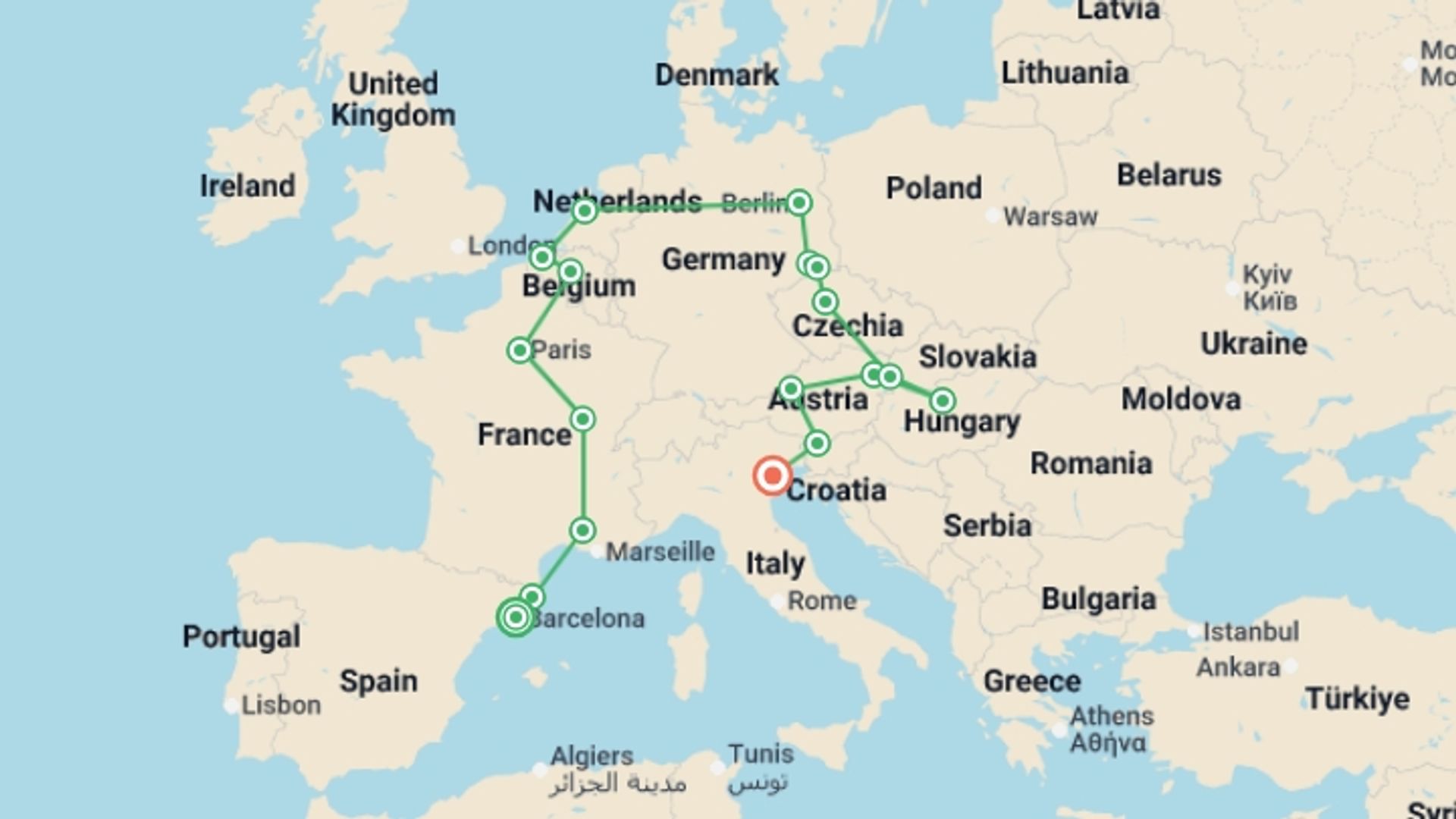 A map showing the tour itinerary for the trip: Barcelona to Venice, starting in Barcelona, Spain and ending in Venice, Italy going through 15 other destinations.