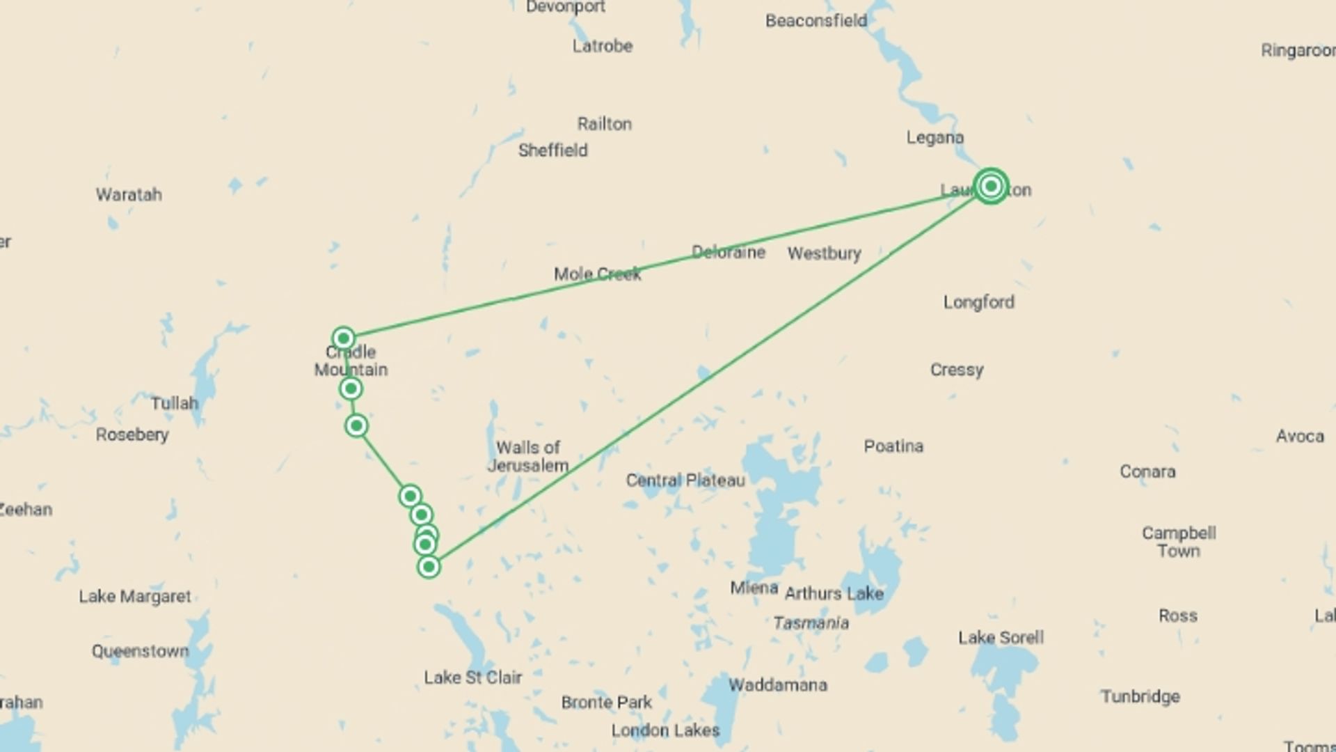 A map showing the tour itinerary for the trip: Trek the Cradle Mountain Overland Track, starting in Launceston, Australia and ending in Launceston, Australia going through 5 other destinations.