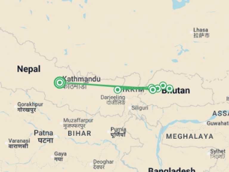 Map of 11-Day Nepal Tour with 7 destination visits for the trip: Festivals of Bhutan – Paro