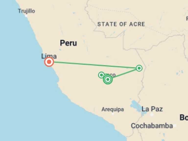 Map itinerary of Lima Tour in September 2026 with 5 destination visits for the trip: Peru: Inca Trail & the Amazon