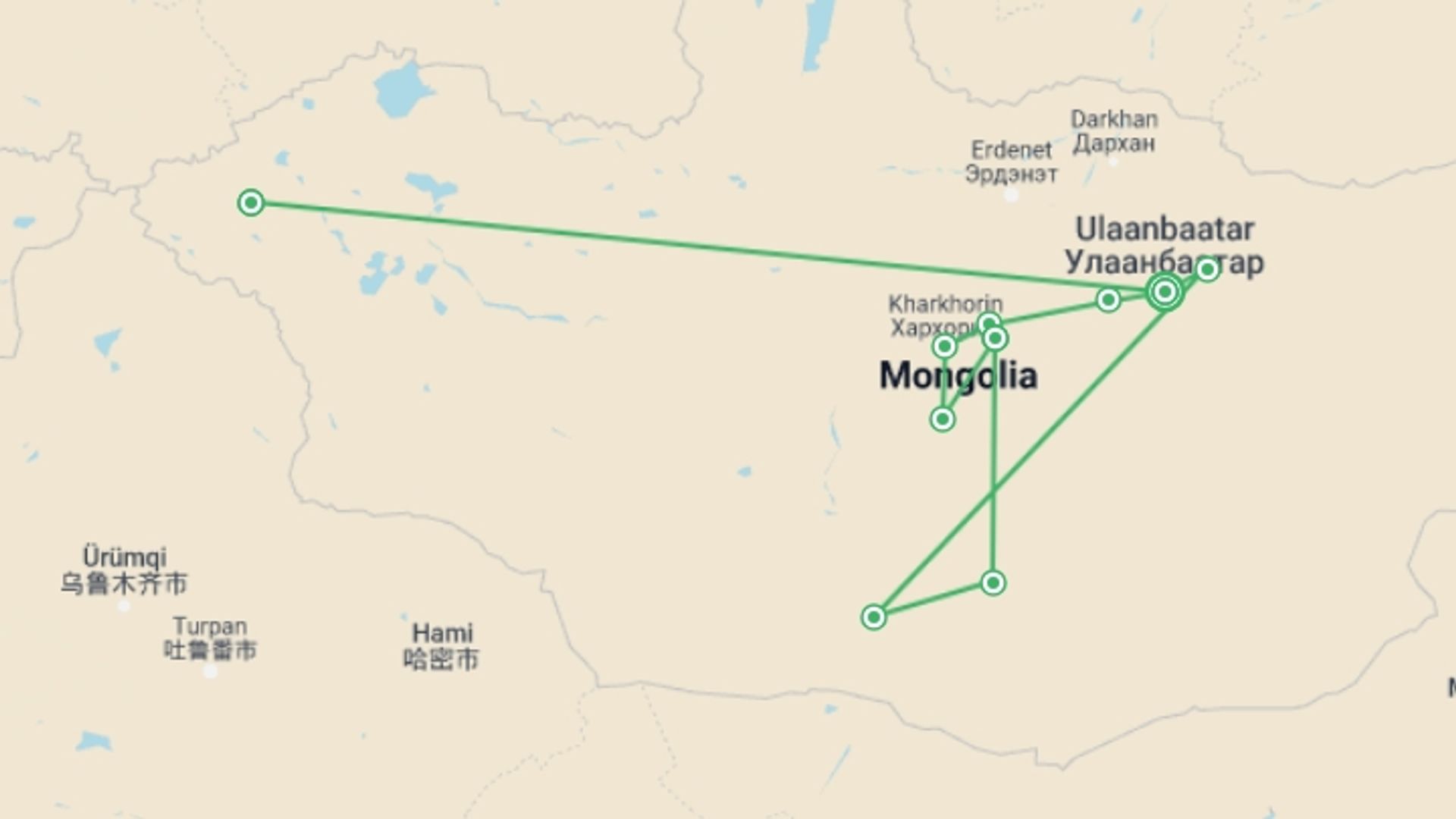 A map showing the tour itinerary for the trip: Discover Mongolia - Eagle Festival, starting in Ulaanbaatar, Mongolia and ending in Ulaanbaatar, Mongolia going through 9 other destinations.