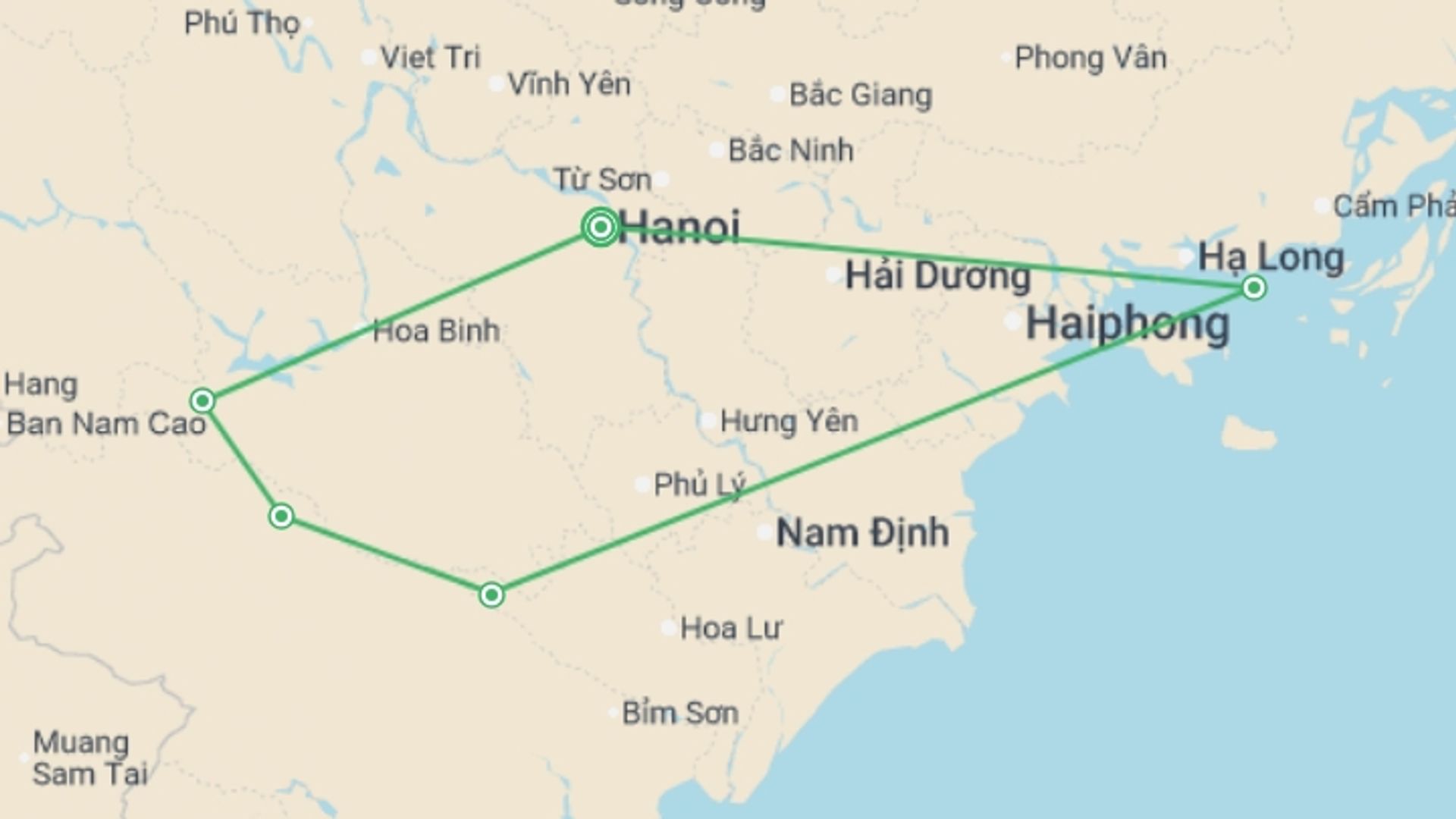A map showing the tour itinerary for the trip: Cycle Northern Vietnam, starting in Hanoi, Vietnam and ending in Hanoi, Vietnam going through 4 other destinations.