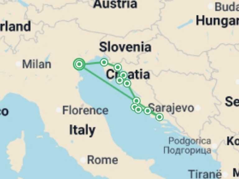 Map of 13-Day Balkans Tour with 12 destination visits for the trip: Venice and Croatian Islands Cruise 