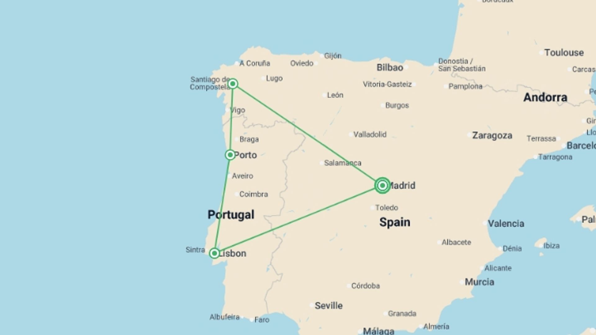 A map showing the tour itinerary for the trip: Essential Spain and Portugal, starting in Madrid, Spain and ending in Madrid, Spain going through 3 other destinations.