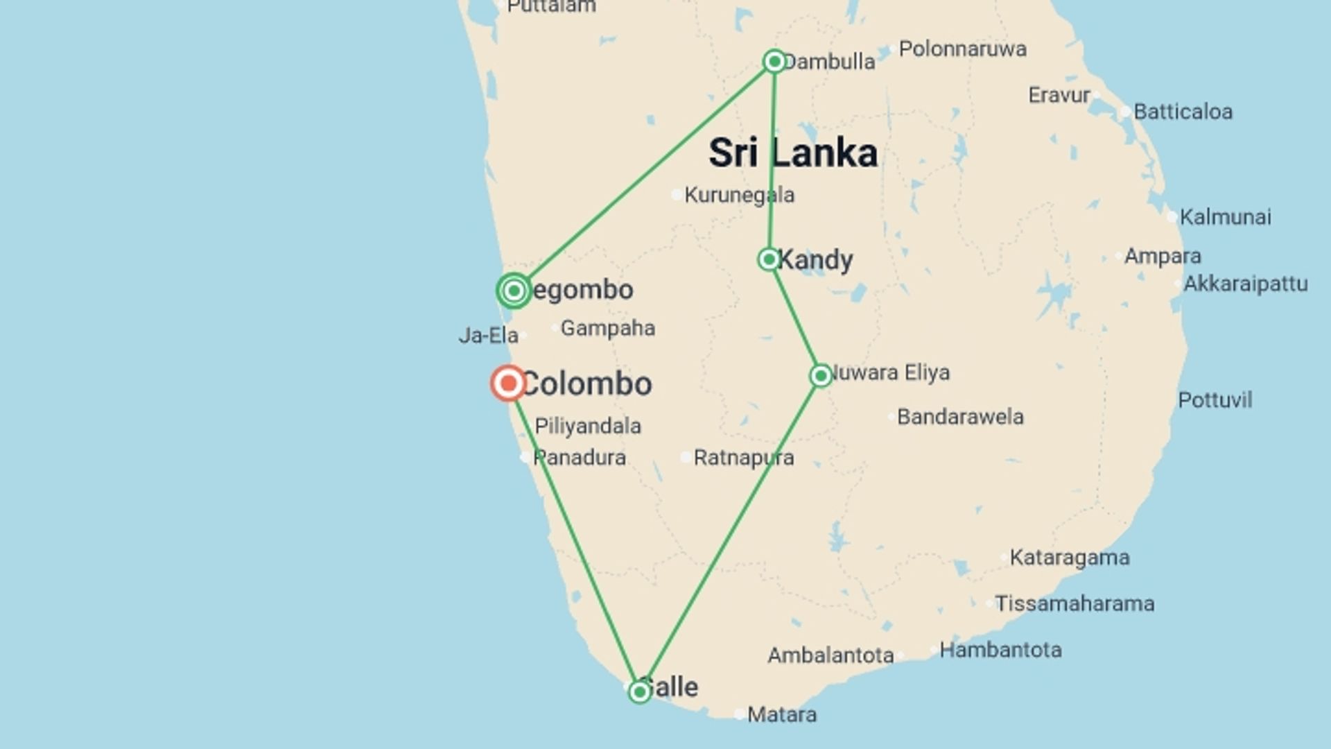 A map showing the tour itinerary for the trip: Highlights of Sri Lanka 7D/6N, starting in Negombo, Sri Lanka and ending in Colombo, Sri Lanka going through 4 other destinations.