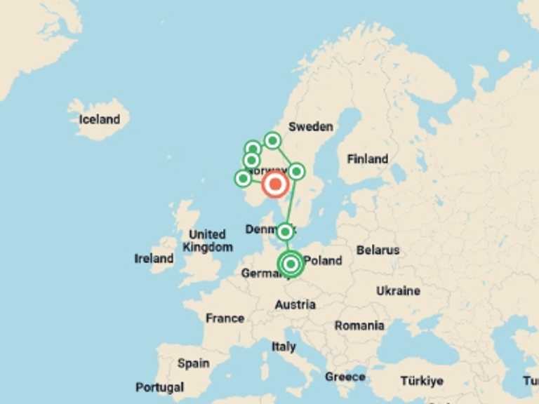 Map itinerary of Bergen Tour in August 2026 with 8 destination visits for the trip: Nordic Tour Start Berlin