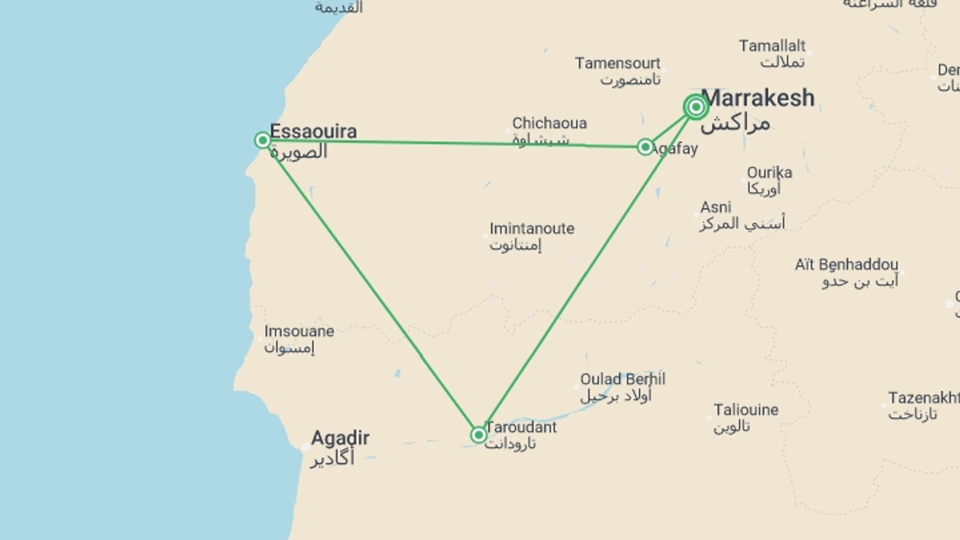 A map showing the tour itinerary for the trip: Culture and Coastlines in Morocco, starting in Marrakech, Morocco and ending in Marrakech, Morocco going through 4 other destinations.