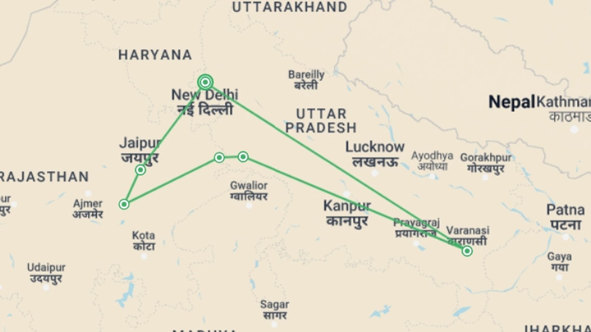 A map showing the tour itinerary for the trip: Taj to Varanasi, starting in New Delhi, India and ending in New Delhi, India going through 5 other destinations.