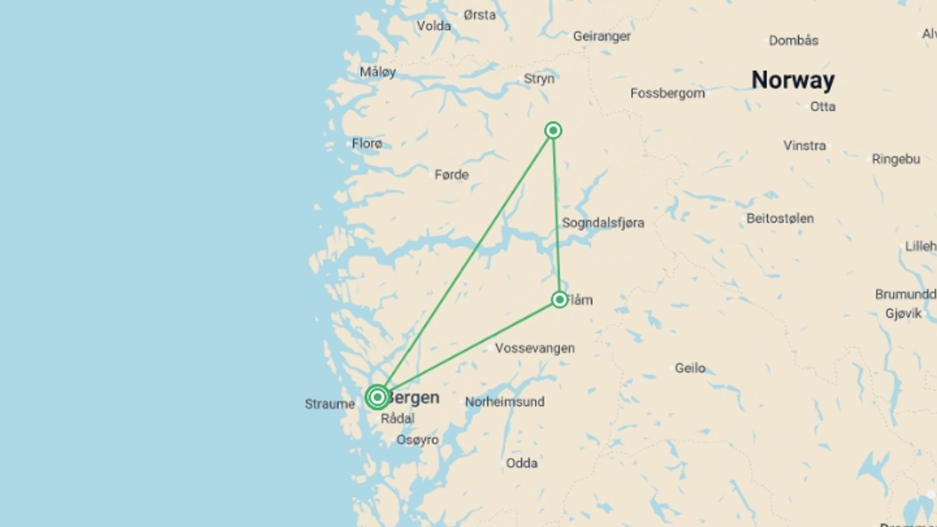 A map showing the tour itinerary for the trip: Norway Self Drive - 8 days, starting in Bergen, Norway and ending in Bergen, Norway going through 2 other destinations.