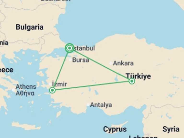 Map of Turkey Tour with 3 destination visits for the trip: Turkey Highlights Adventure 8D/7N