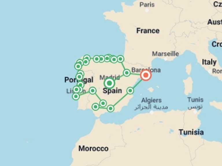 Map itinerary of Lisbon Tour in November 2026 with 14 destination visits for the trip: Iberican Tour From Madrid