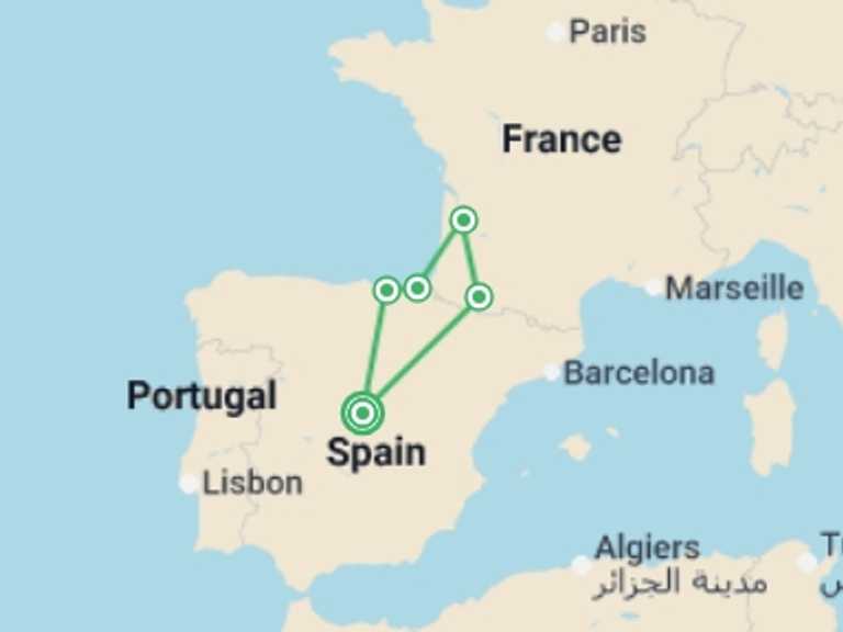 Map itinerary of Spain Tour in January 2026 with 5 destination visits for the trip: Madrid and the Basque Country with Lourdes
