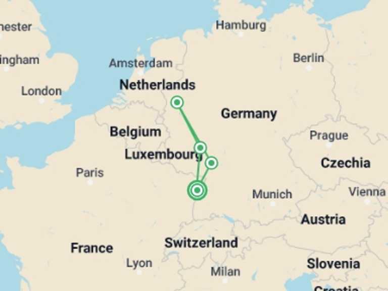 Map of 5-Day Strasbourg Tour with 4 destination visits for the trip: Rhine in Flames in Oberwesel - Magical Fireworks over the Water (port-to-port cruise)