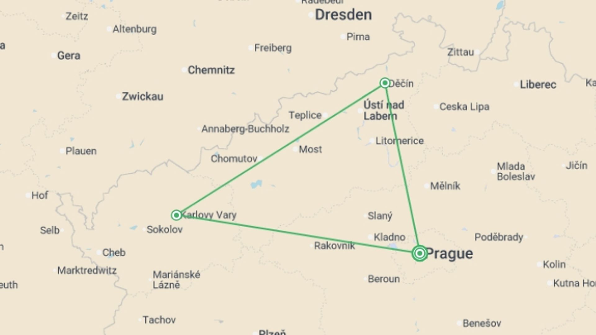 A map showing the tour itinerary for the trip: Prague Short Break: City & Beyond, starting in Prague, Czech Republic and ending in Prague, Czech Republic going through 2 other destinations.