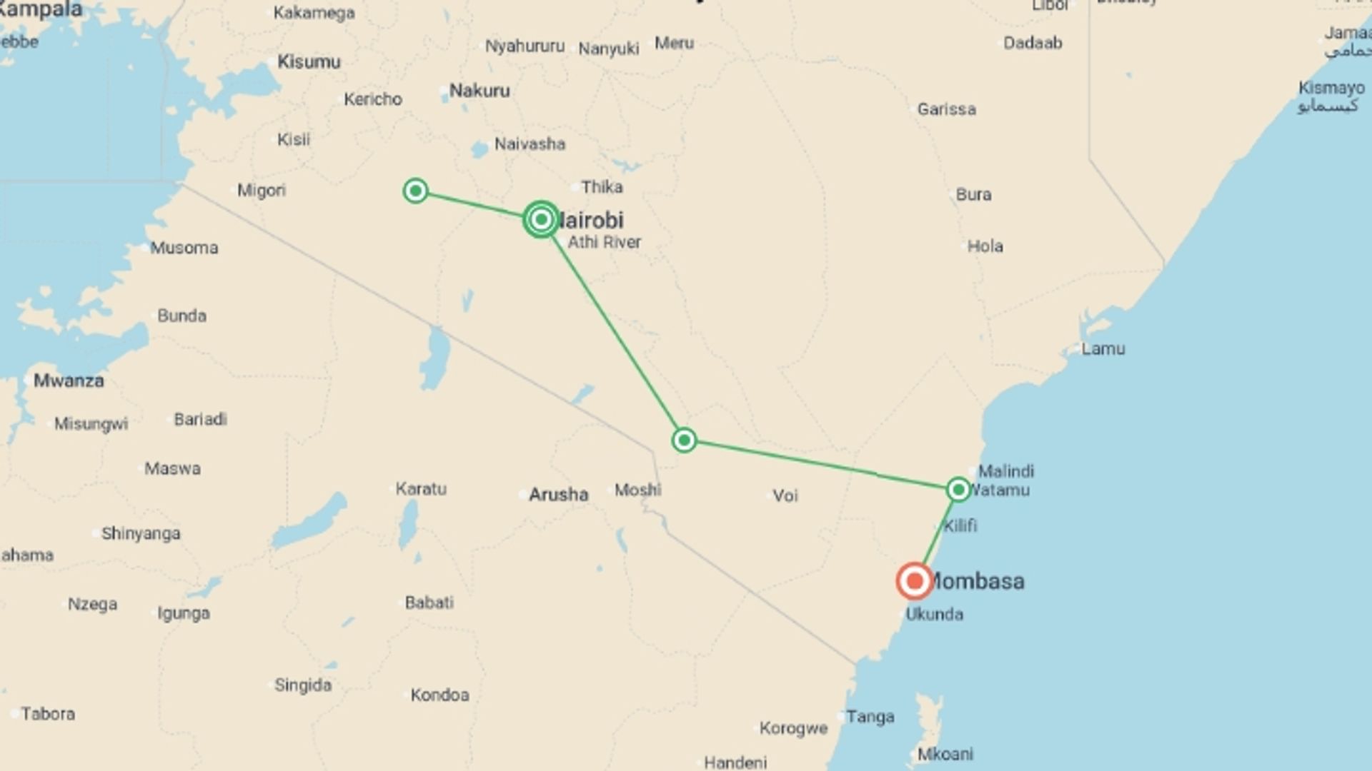 A map showing the tour itinerary for the trip: Kenya: Masai Mara, Tsavo & Coastal Wonders, starting in Nairobi, Kenya and ending in Mombasa, Kenya going through 2 other destinations.