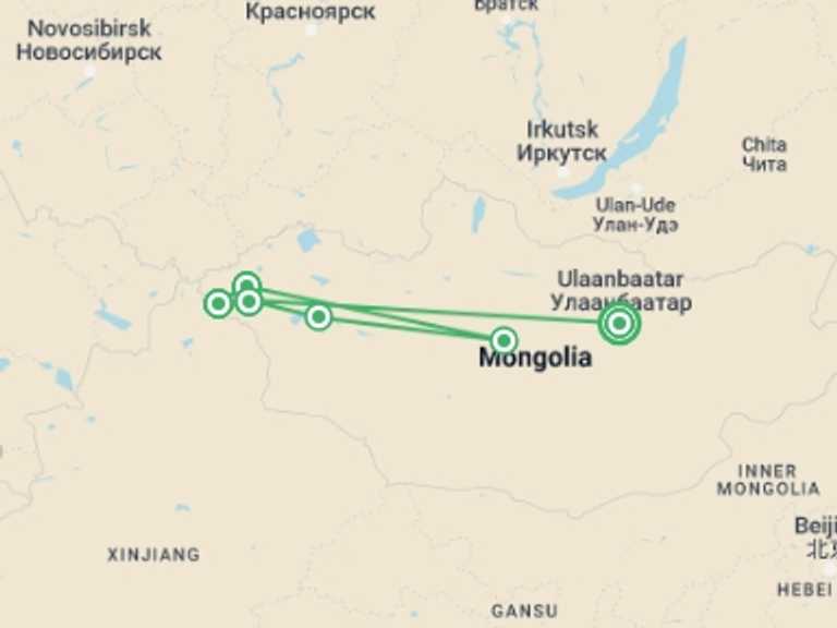 Map of a Festivals and events Tour with 8 destination visits for the trip: Wild Mongolia and Golden Eagle Festival