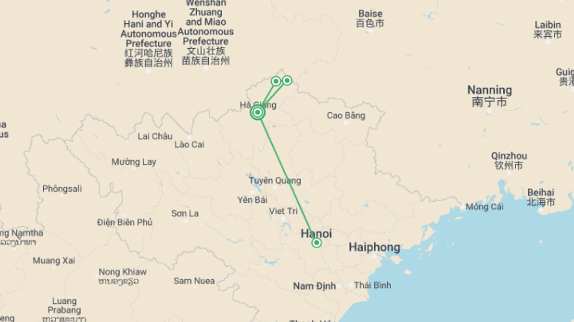 A map showing the tour itinerary for the trip: Ha Giang Panoramas 4 Days 3 Nights, starting in Ha Giang, Vietnam and ending in Ha Giang, Vietnam going through 2 other destinations.
