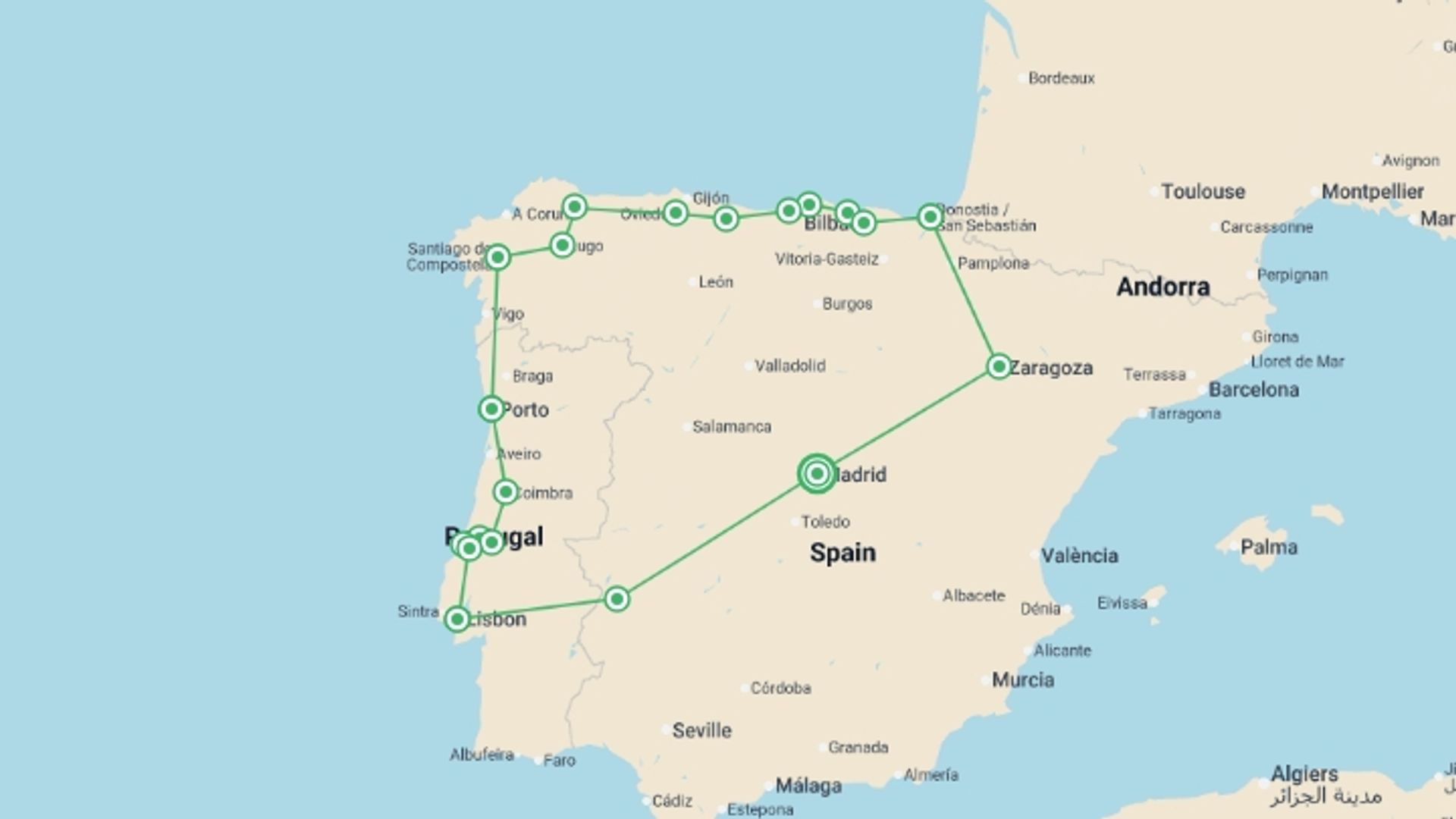 A map showing the tour itinerary for the trip: Northern Spain & Portugal Discovered - 13 days, starting in Madrid, Spain and ending in Madrid, Spain going through 7 other destinations.