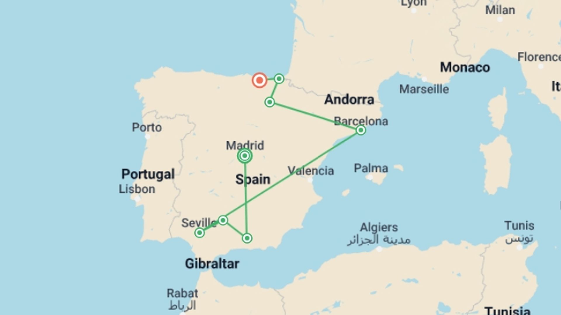 A map showing the tour itinerary for the trip: Complete Spain: South to North Adventure, starting in Madrid, Spain and ending in Bilbao, Spain going through 5 other destinations.