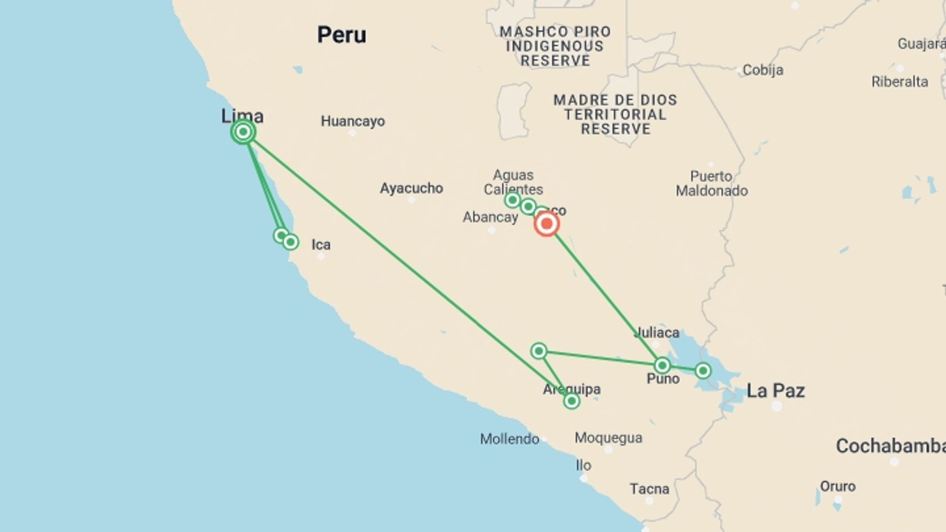 A map showing the tour itinerary for the trip: Wonderful Peruvian South, Private Tour, starting in Lima, Peru and ending in Cusco, Peru going through 5 other destinations.