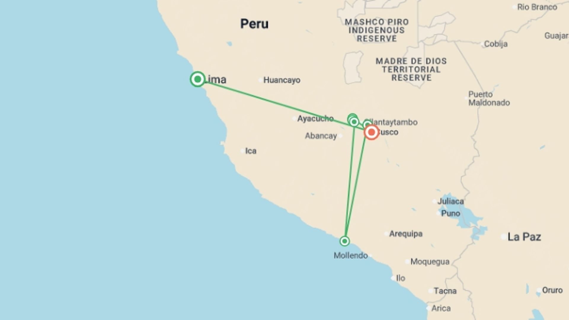 A map showing the tour itinerary for the trip: Classic Inca Trail, starting in Lima, Peru and ending in Cusco, Peru going through 6 other destinations.
