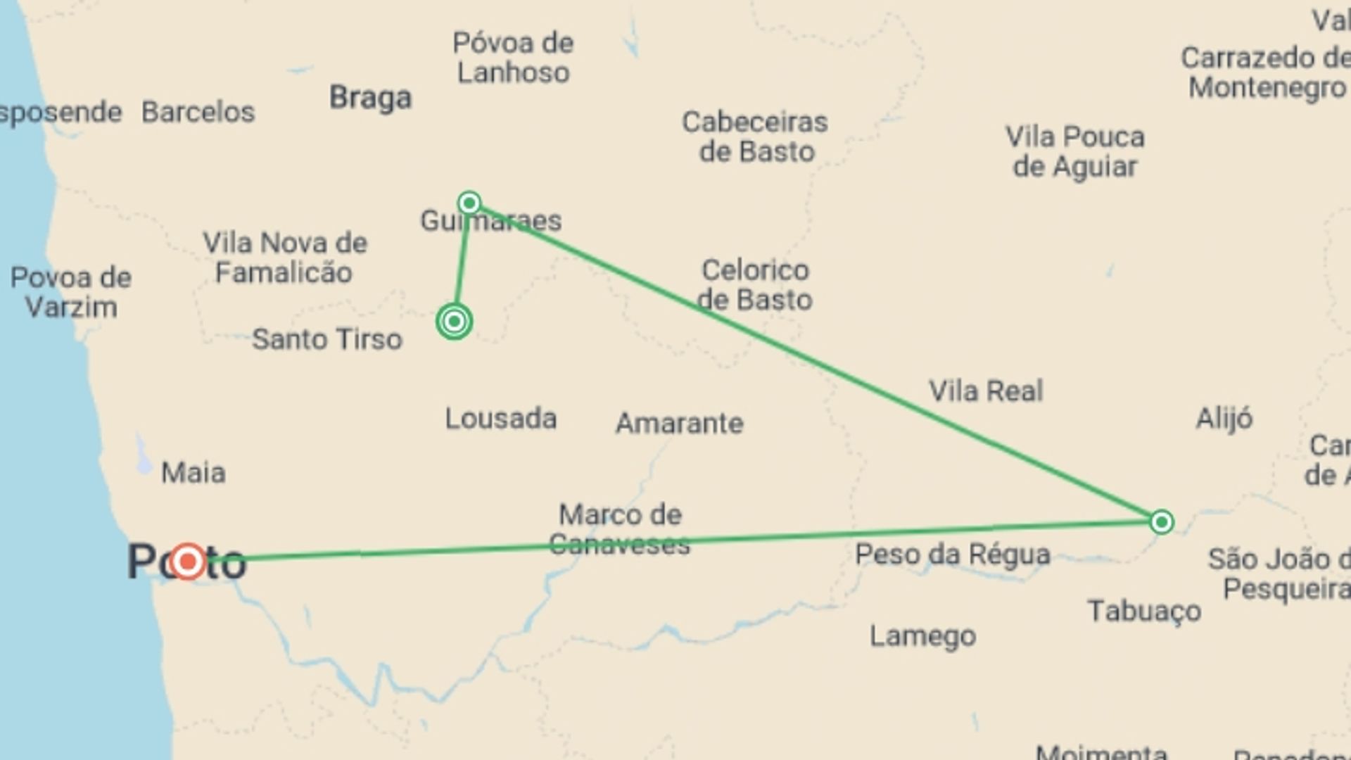 A map showing the tour itinerary for the trip: Douro Rambler, starting in Northern Portugal, Portugal and ending in Porto, Portugal going through 5 other destinations.