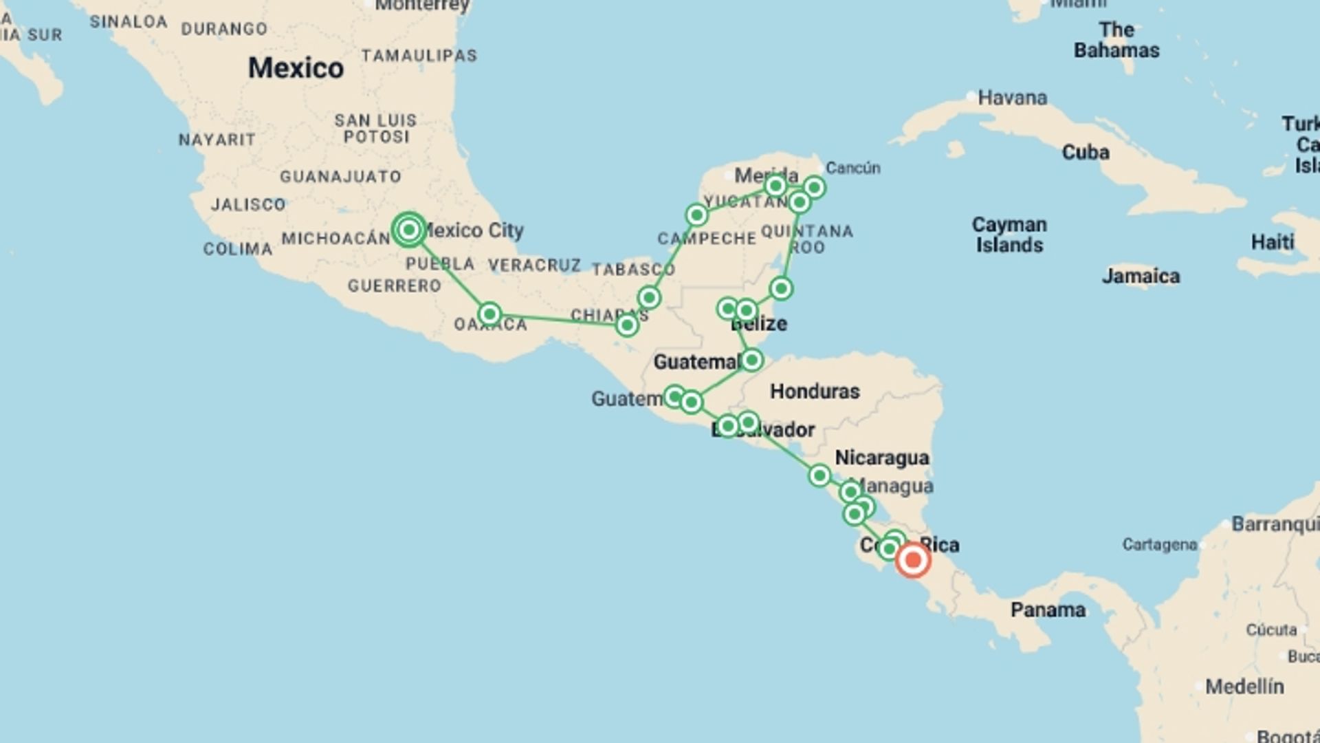A map showing the tour itinerary for the trip: Epic Central America, starting in Mexico City, Mexico and ending in San Jose, Costa Rica going through 21 other destinations.