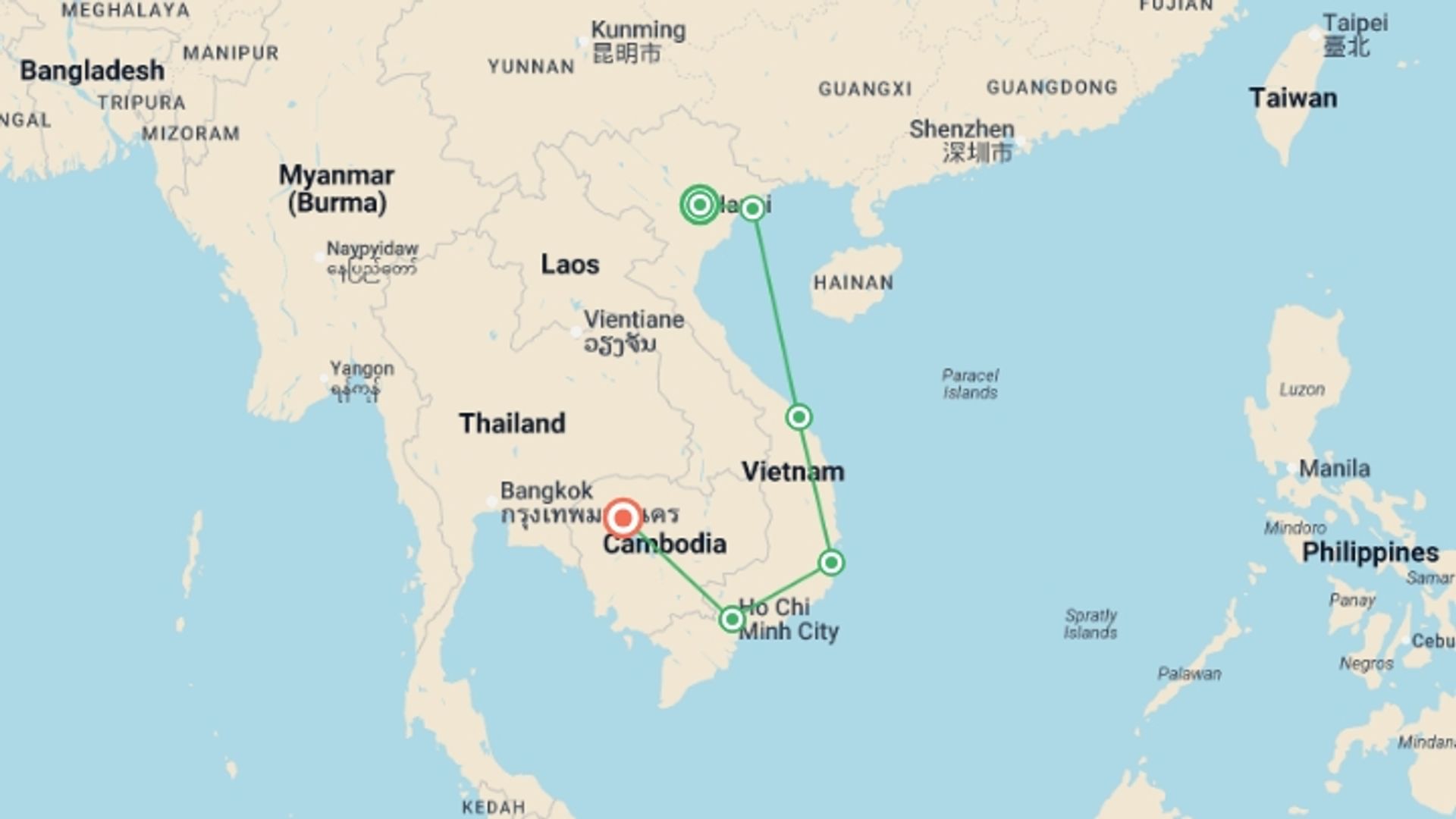 A map showing the tour itinerary for the trip: Vietnam and Cambodia Adventure, starting in Hanoi, Vietnam and ending in Siem Reap, Cambodia going through 6 other destinations.
