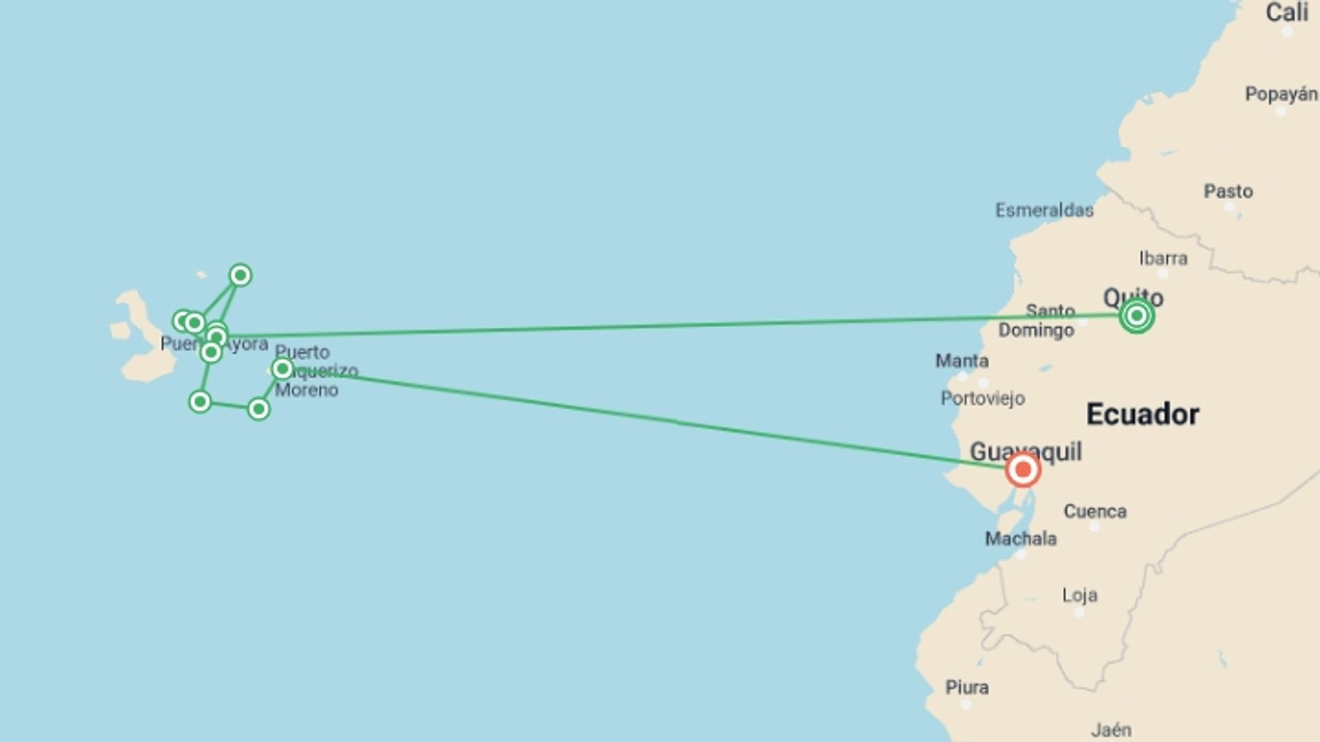A map showing the tour itinerary for the trip: Galapagos Encounter - Archipel I (Itinerary B), starting in Quito, Ecuador and ending in Guayaquil, Ecuador going through 7 other destinations.