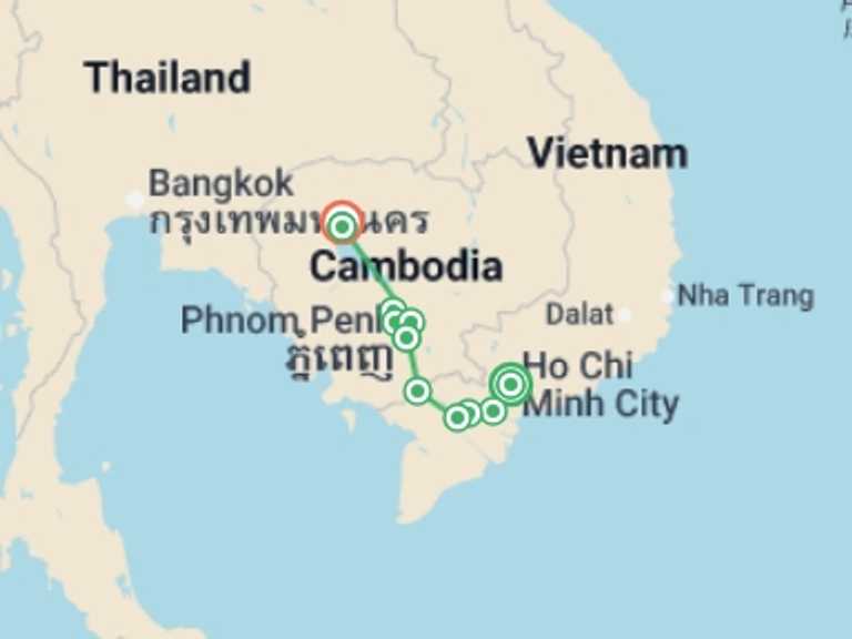 Map of 11-Day Ho Chi Minh City Tour with 8 destination visits for the trip: The Mekong in a different way - Between adventure and must-seesites (port-to-port cruise)