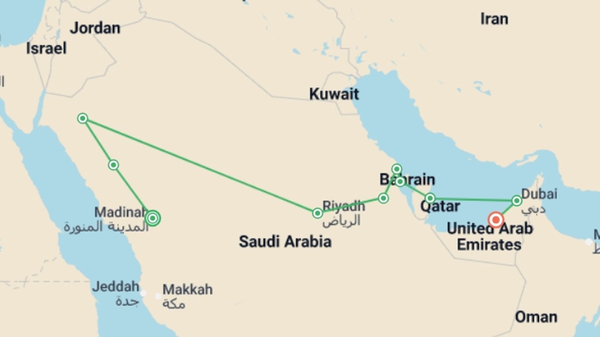 A map showing the tour itinerary for the trip: Classics of Arabia and jewels of the Persian Gulf end Abu Dhabi, starting in Medina, Saudi Arabia and ending in Abu Dhabi, UAE going through 8 other destinations.