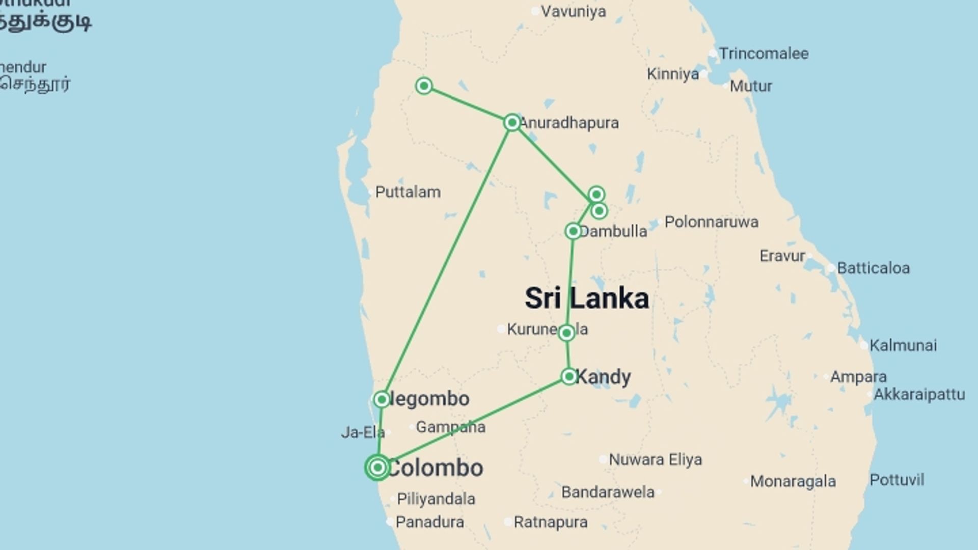 A map showing the tour itinerary for the trip: The Local Way Of Sri Lanka, Private Tour, starting in Colombo, Sri Lanka and ending in Colombo, Sri Lanka going through 4 other destinations.