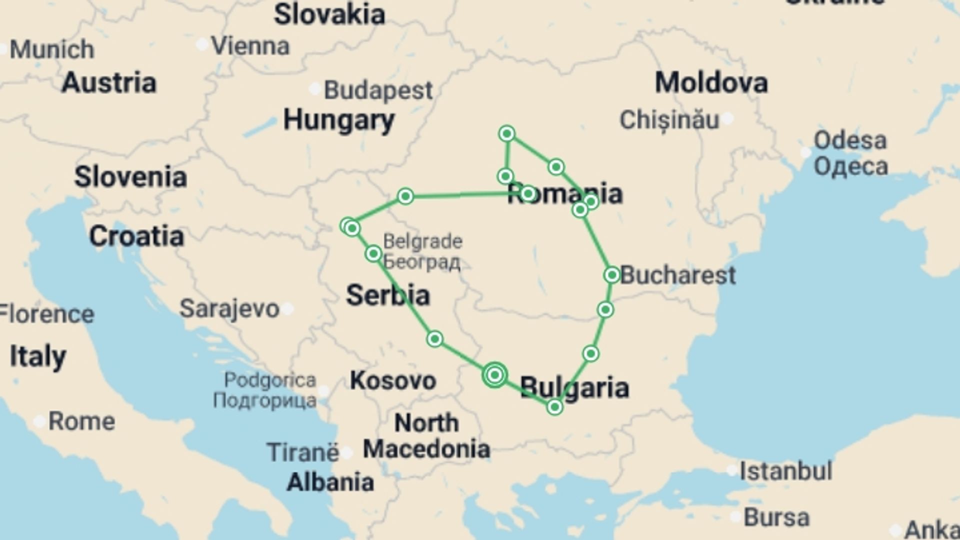 A map showing the tour itinerary for the trip: Sofia to Serbia - 14 days, starting in Sofia, Bulgaria and ending in Sofia, Bulgaria going through 10 other destinations.