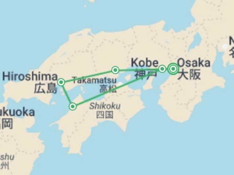 Map itinerary of Osaka Tour in Winter with 5 destination visits for the trip: South Japan Express