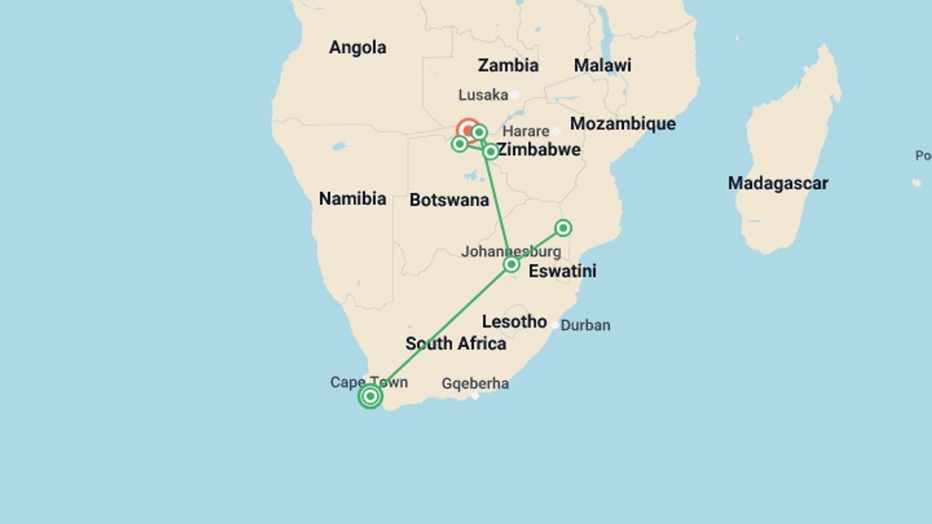 A map showing the tour itinerary for the trip: Best of Africa's Wildlife: Cape Town, Kruger, Hwange, & Chobe, starting in Cape Town, South Africa and ending in Kasane, Botswana going through 5 other destinations.
