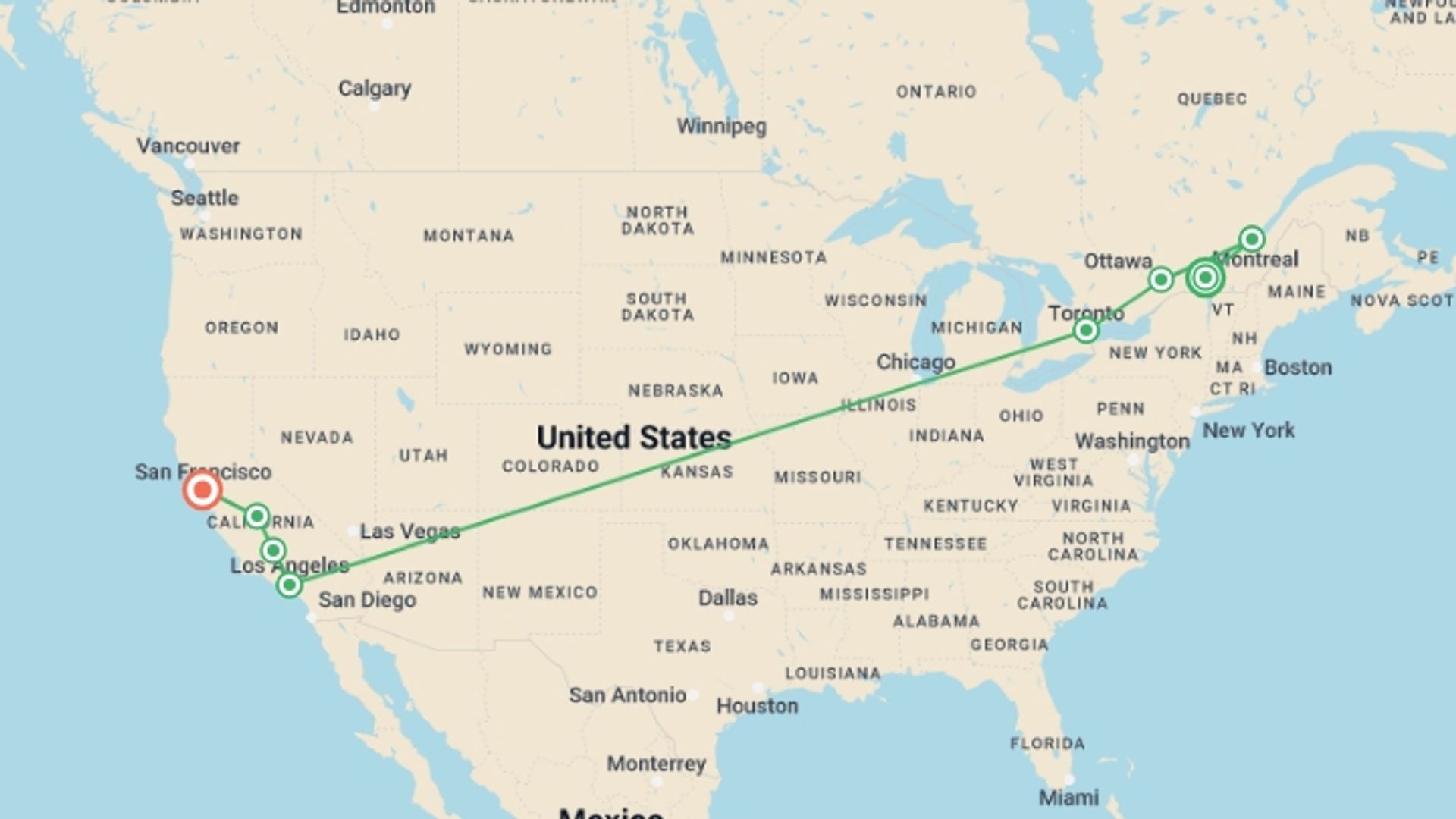 A map showing the tour itinerary for the trip: Unmissable Canada and Western Classics, starting in Montreal, Canada and ending in San Francisco, USA going through 6 other destinations.
