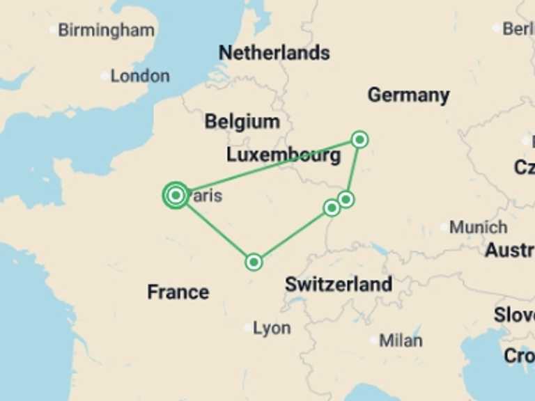 Map itinerary of Europe Tour in September 2026 with 5 destination visits for the trip: Burgundy, Alsace and Black Forest End Paris