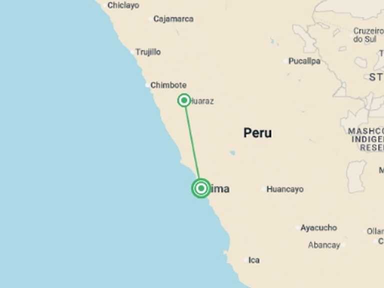 Map of South America Tour with 2 destination visits for the trip: Peru: Lima to Huaraz