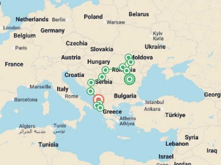 Map itinerary of Mediterranean Tour in October 2026 with 13 destination visits for the trip: From Bucharest to Tirana