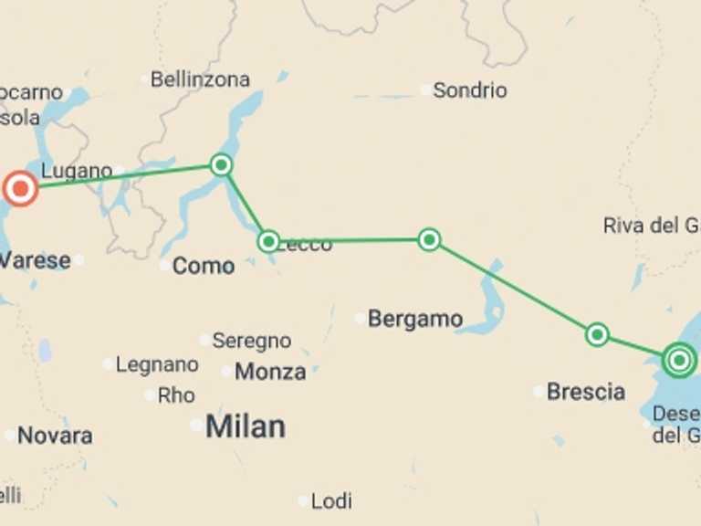 Map itinerary of Europe Tour in Fall with 6 destination visits for the trip: Cycling the Italian Lakes