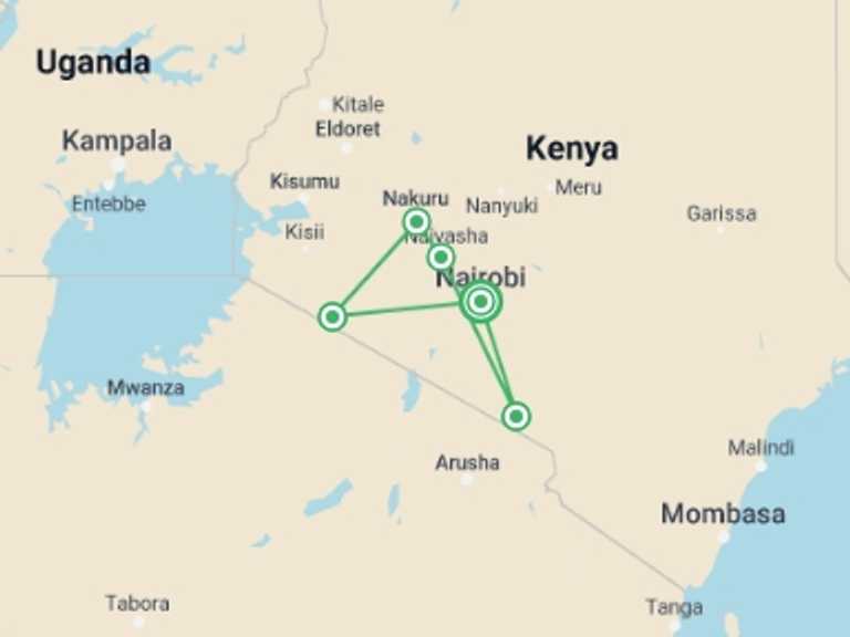 Map of Kenya Tour with 6 destination visits for the trip:  7 Days Masai Mara, Lake Nakuru, Naivasha & Amboseli