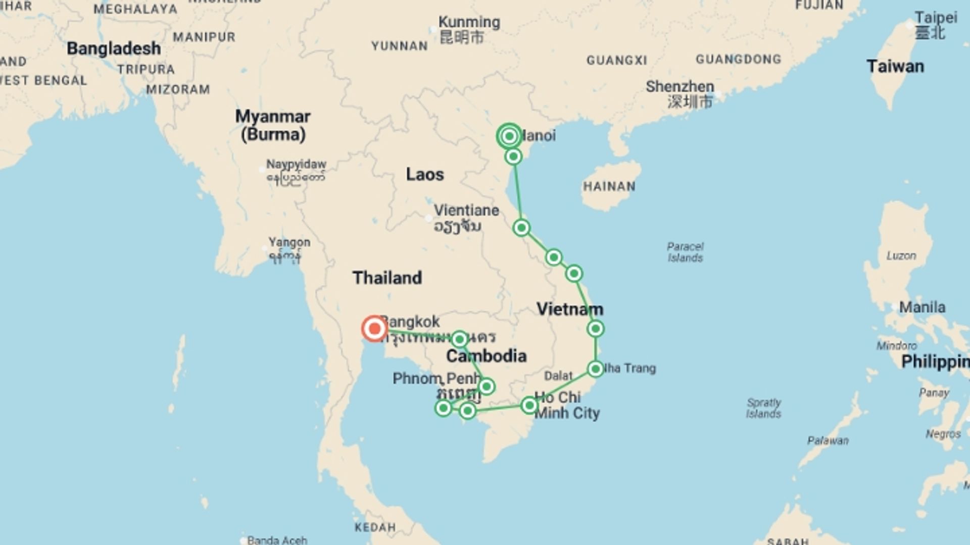 A map showing the tour itinerary for the trip: Essential Southeast Asia: Hanoi, Phnom Penh & Thailand Good Times, starting in Hanoi, Vietnam and ending in Bangkok, Thailand going through 12 other destinations.