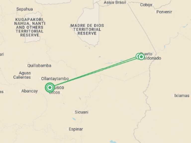 Map of South America Tour with 3 destination visits for the trip: Puerto Maldonado Amazon Budget Eco-Lodge 6D/5N (from Cuzco)