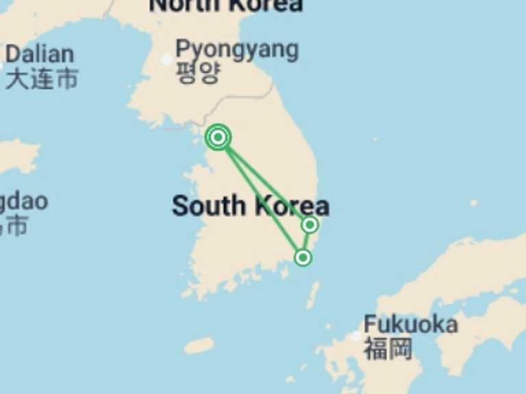 Map itinerary of East Asia Tour in Winter with 3 destination visits for the trip: South Korea: Seoul, Busan & Beyond
