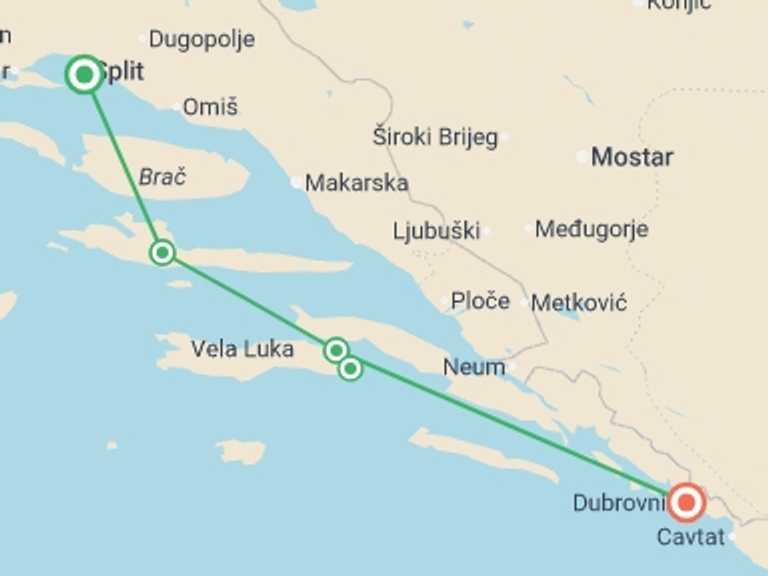 Map itinerary of Mediterranean Tour in June 2027 with 5 destination visits for the trip: Cycling Croatia's Dalmatian Coast (2026)