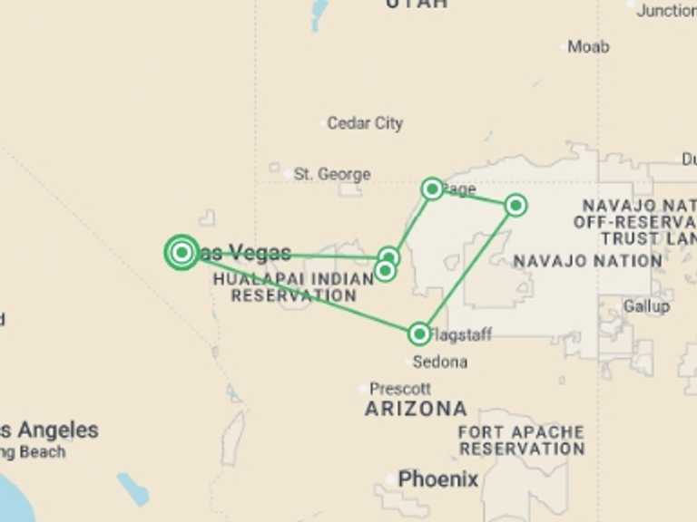 Map itinerary of Las Vegas Tour in July 2026 with 6 destination visits for the trip: Landscapes of the American Southwest - 7 days