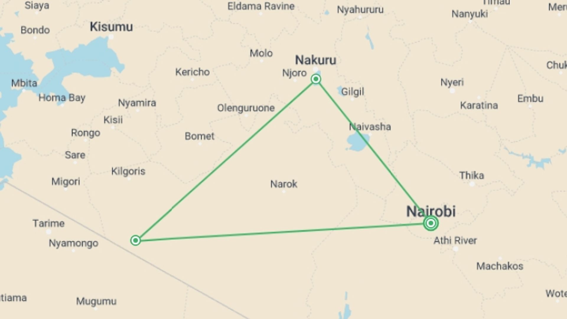 A map showing the tour itinerary for the trip: Through The Rift Valley, Sopa Lodges - Private Tour, starting in Nairobi, Kenya and ending in Nairobi, Kenya going through 2 other destinations.