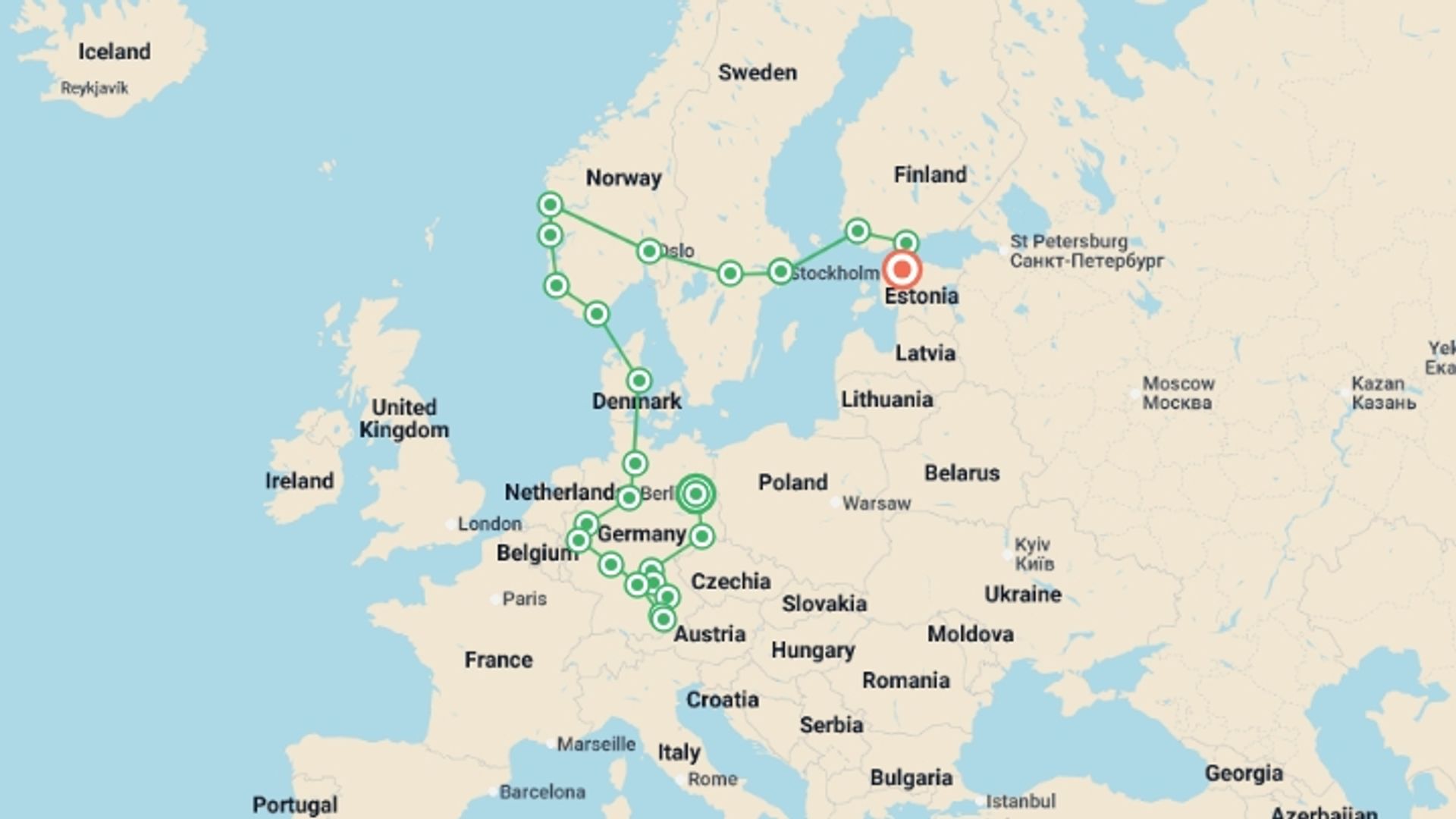 A map showing the tour itinerary for the trip: North of Europe, starting in Berlin, Germany and ending in Tallinn, Estonia going through 12 other destinations.